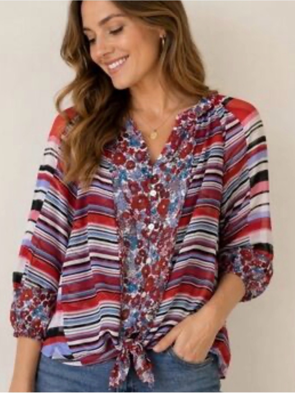 Anthropologie Fig and Flower Mixed Print Tie Front Boho Blouse Petite Large